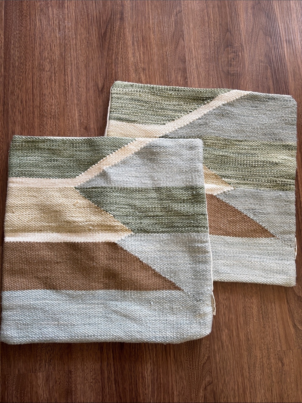 WORLD MARKET 2 Geometric Woven Cushion Covers in Sage, Tan & Cream